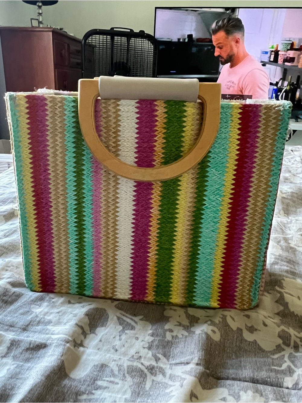 Woven Multicolor Straw Tote Bag with Wooden Handles